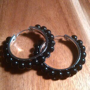 Black Obsidian Silvertone Hoop Earrings